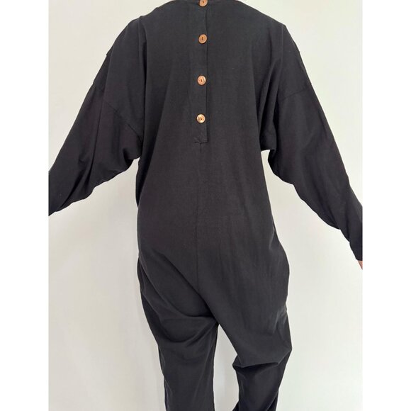 80s black embellished funky crazy one piece long sleeved cotton pant jumpsuit - Picture 6 of 9